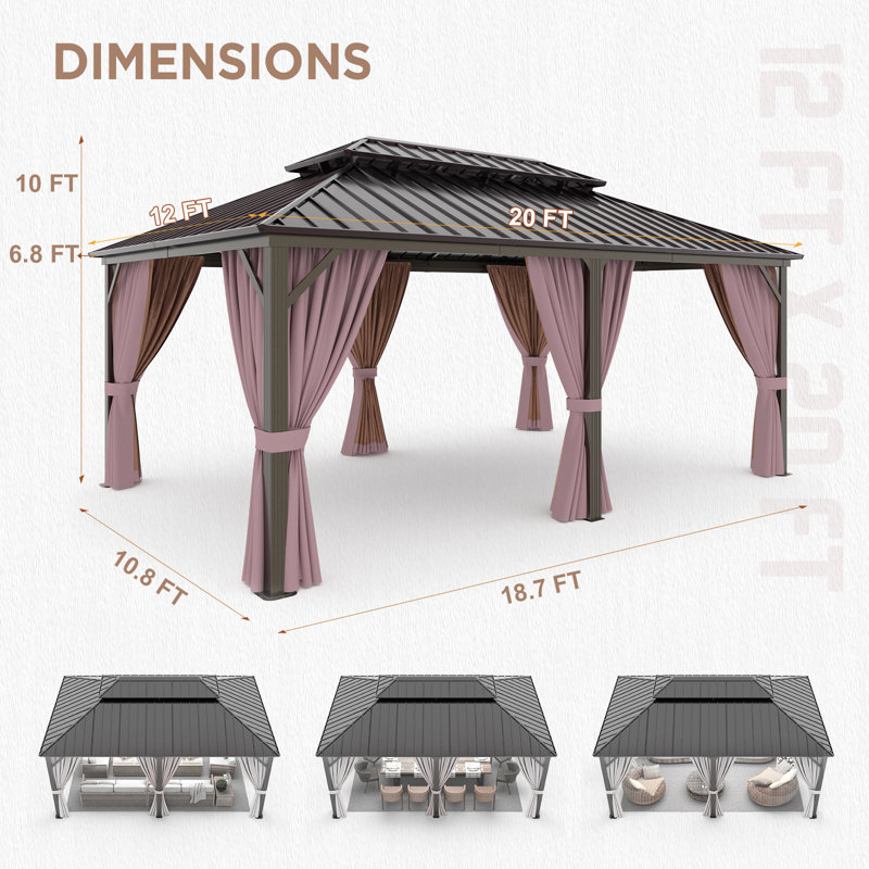 Outdoor Aluminum Frame Hardtop Patio Gazebo, 20 ft x 12 ft