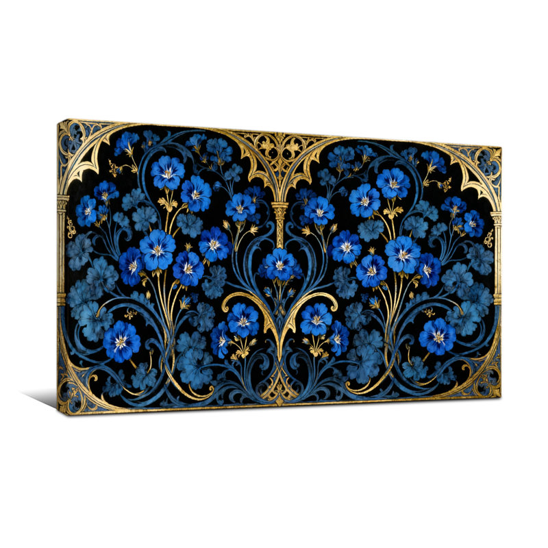 Plantes et fleurs, motif floral or bleu, H 20 po x l 40 po