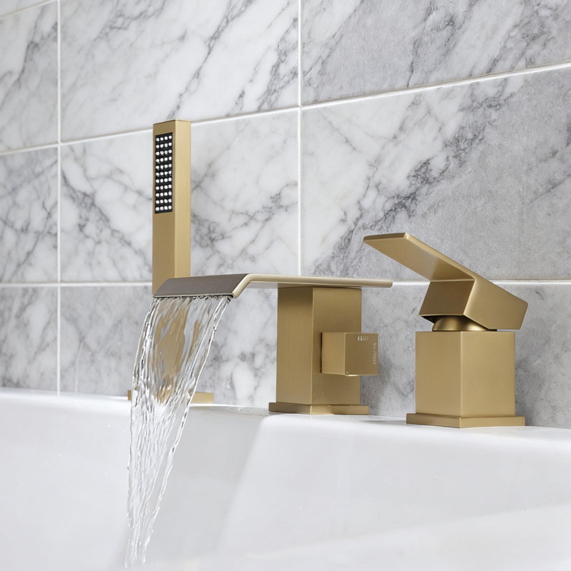 Robinet de baignoire romaine à fixation sur le comptoir en laiton massif avec douche à main, Or brossé