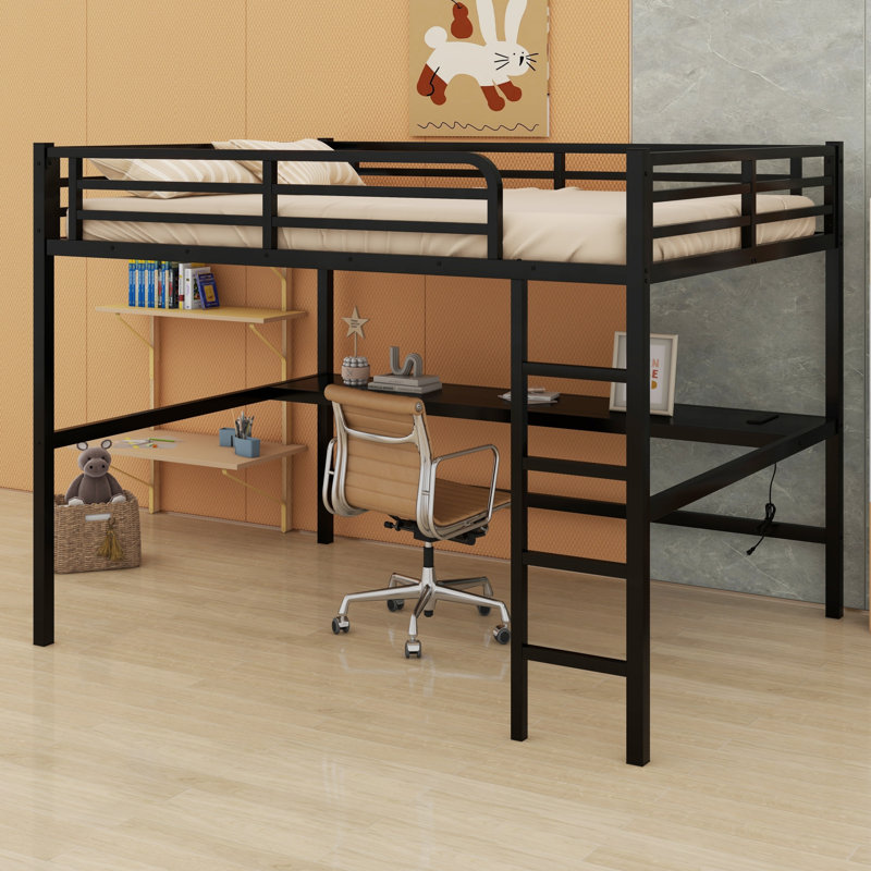 Metal Loft Bed With Power Outlet And LED Lighted, Black