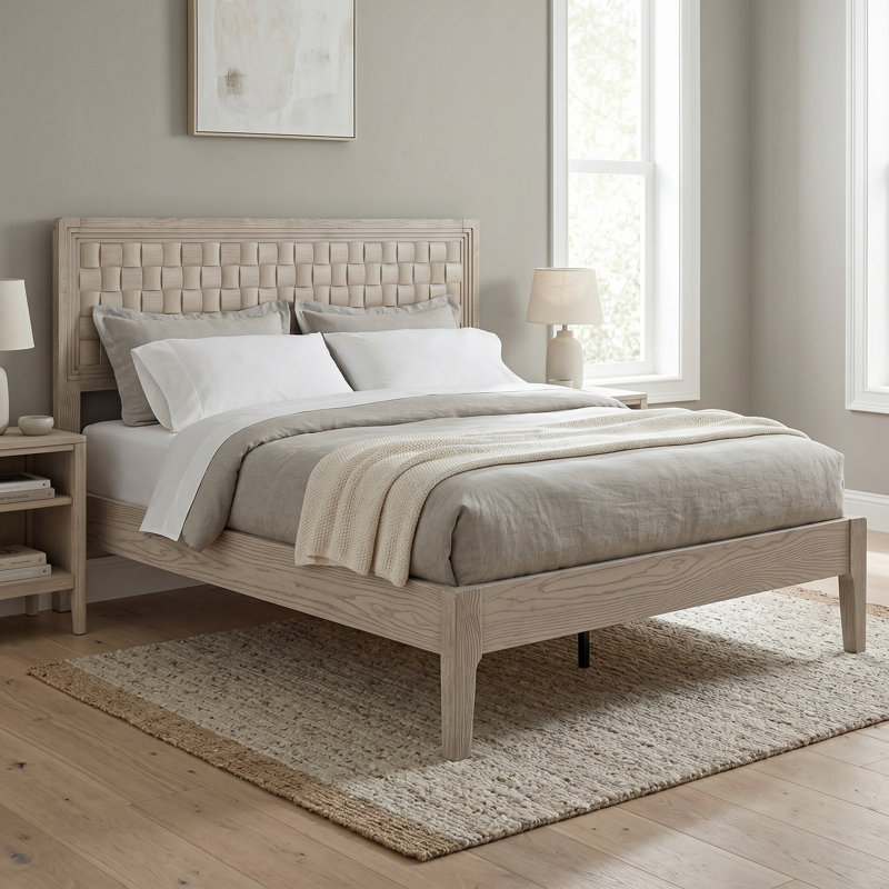 Squaro Mid-Century Modern Solid Wood Bed Frame with Woven Headboard - Queen Size in Driftwood Beige, Driftwood Beige , Queen