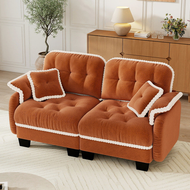Canapé en chenille Cloud avec coussins et garniture à pompons, beige, 2 sièges, Orange