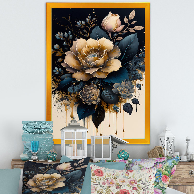 Bleu marine et rose doré I - reproduction sur toile, H 44 po x l 34 po x P 1,5 po, Toile encadrée dorée avec coins fermés