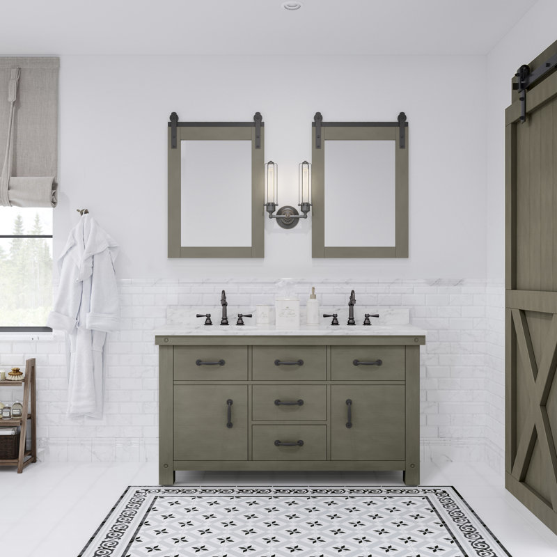 Aberdeen 60 In. Double Sink Carrara White Marble Countertop Vanity In Grizzle Gray With Mirrors, Carrara White, Rustic Sierra