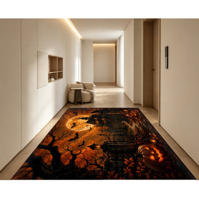 Tapis d'Halloween sur le thème d'Halloween, motif de citrouille de lune hantée Spooky, tapis antidérapant, décoration intérieure festive pour le salon, la chambre à coucher, l'entrée, la porte d'entrée, la cuisine, le balcon, appartement