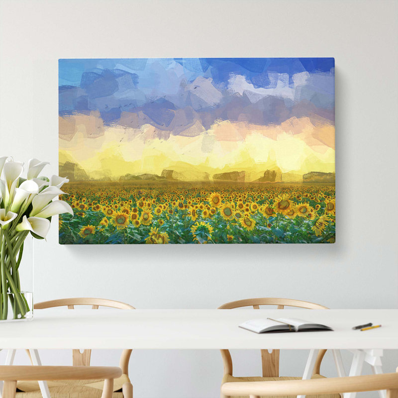 Flock Of Birds Above Sunflowers In Abstract - Wrapped Canvas Print, 60cm H x 91cm W x 3cm D