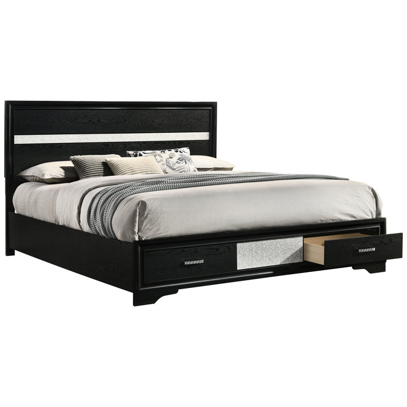 Lit à panneaux avec rangement très grand noir, tiroirs intégrés, plateforme à lattes, aucune base requise, lit à finition à pieds avec rangement, cadre biseauté, poignées en cristal, design contemporain