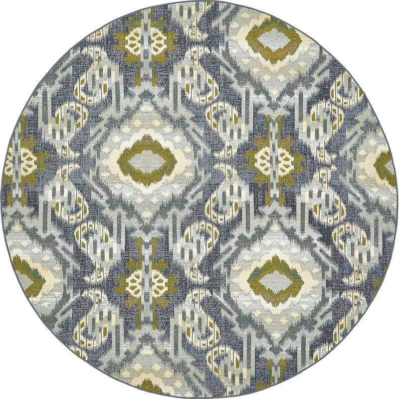 Tapis intérieur / extérieur bleu / gris Newt Ikat, Rond 8 pi