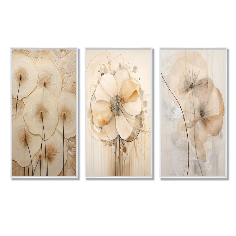 «Luxurious Beige Morning Glory Flower», ensemble de 3 reproductions d'art mural, Cadre flottant blanc, H 40 po x l 60 po