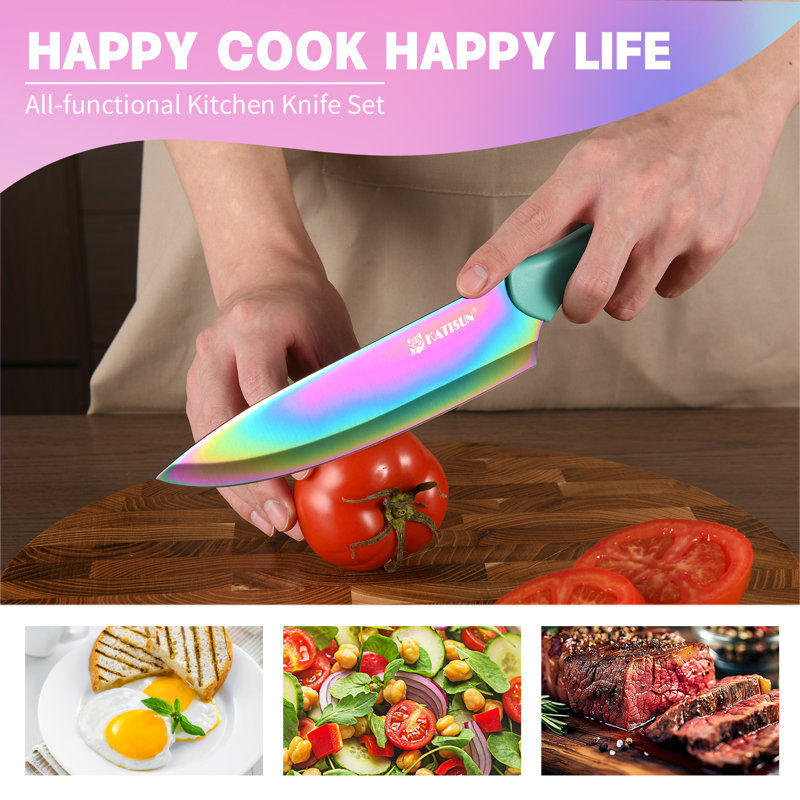 15-Piece Rainbow Titanium Stainless Steel Knife Set with Block