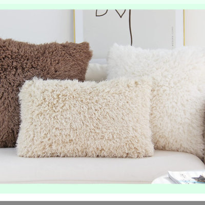 Luxury Fleece Cushion Covers - Soft Beige Throw Pillowcases - Decorative Pack of 2 - Fluffy Pillows