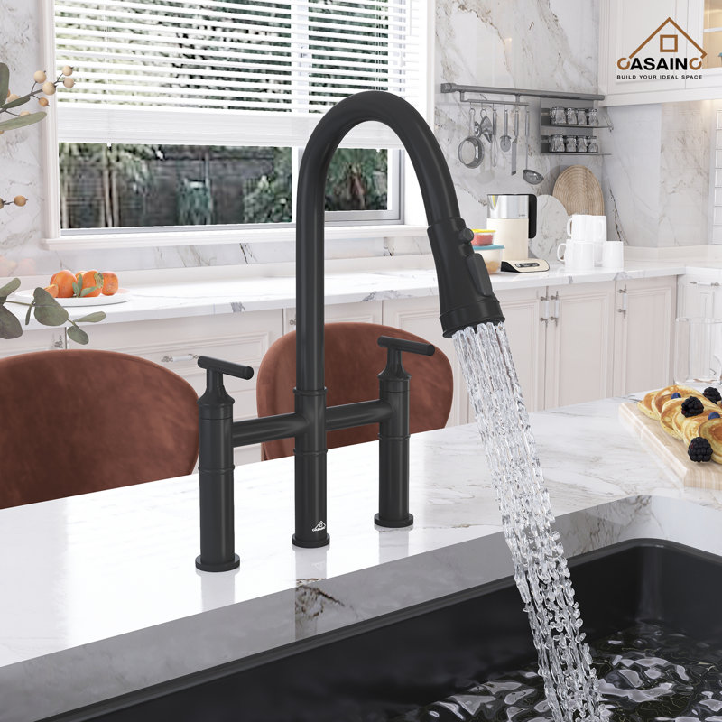 Matte Black Stainless Steel Bridge Kitchen Faucet with Pull-out Spray