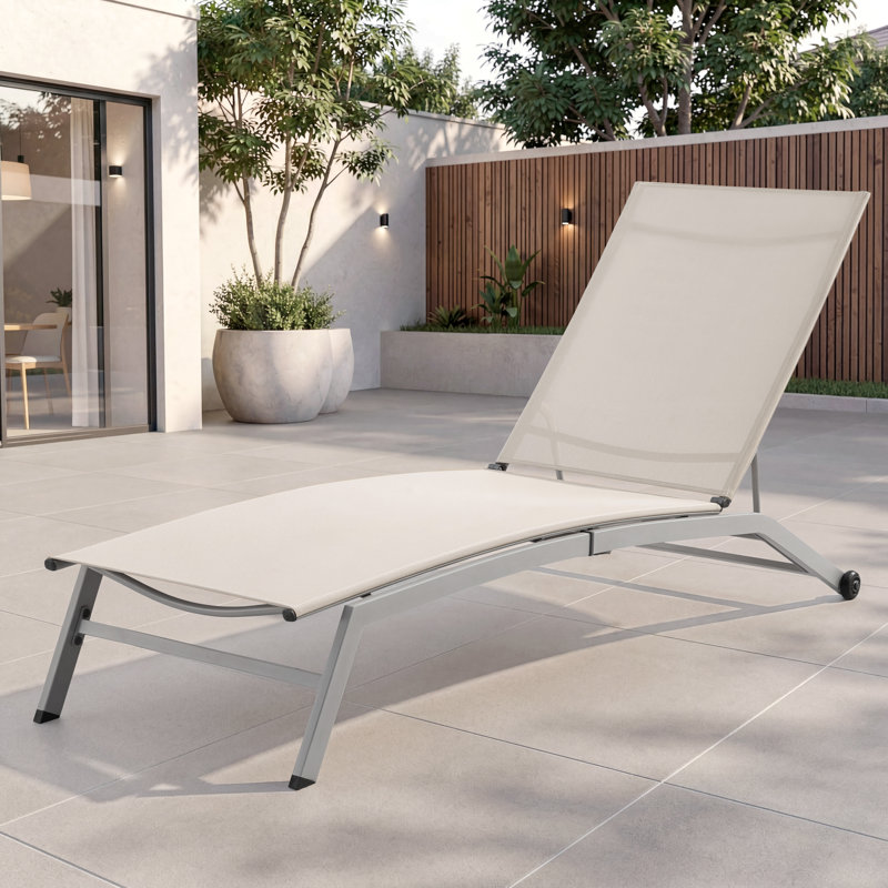 Cand 77.5" Long Metal Reclining Armless Single Chaise Lounge with PVC-coated polyester Sling Seat and Wheels, Gray, Orange