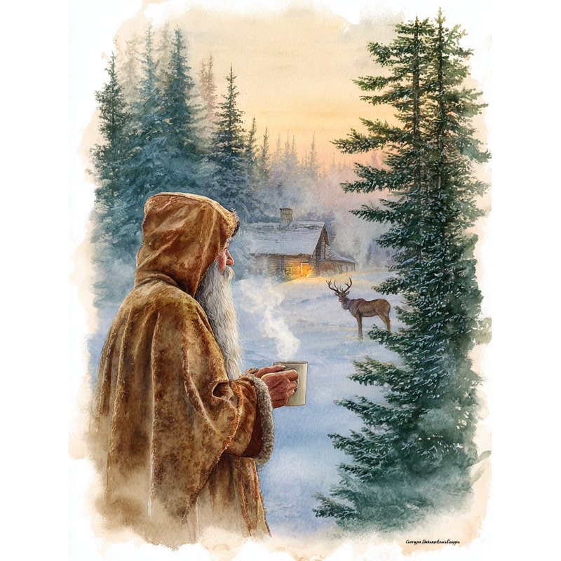 «Santa with Steaming Mug at Forest Cabin», art mural sur toile, H 36 po x l 24 po