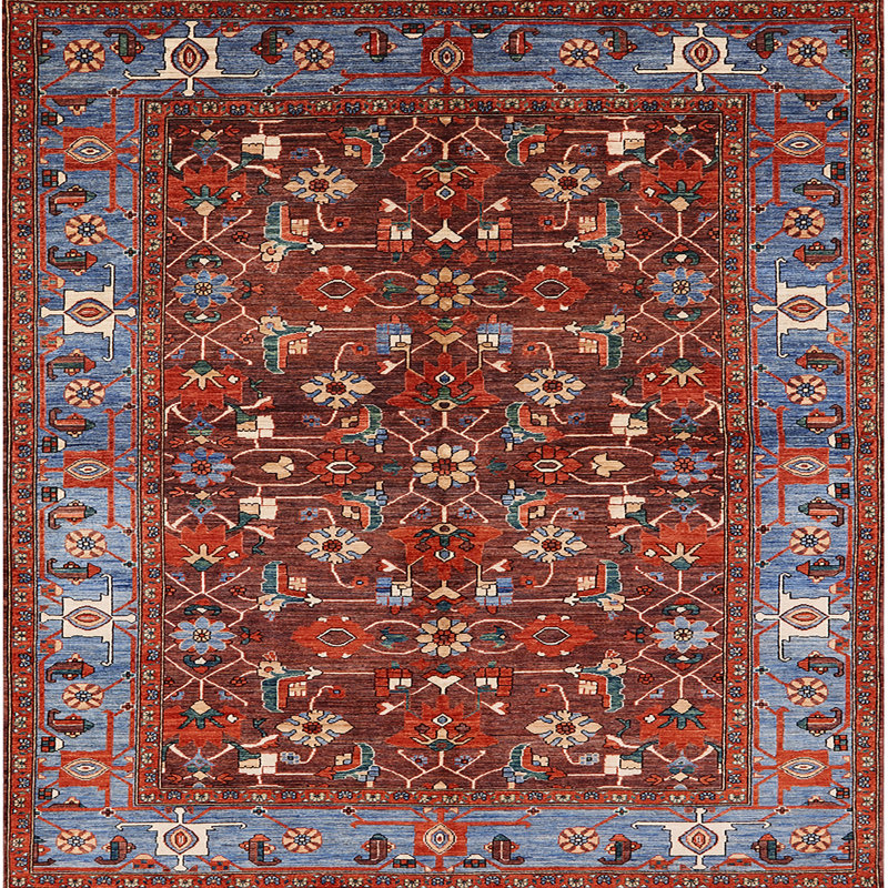 Tapis oriental rouge et bleu, Carré 6 pi