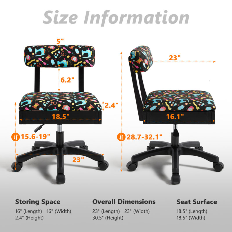 Sewing Chair with Wheels and Adjustable Height Back Support - Crafting Chair with Under Seat Storage Hydraulic Armless Machine Chair for Crafting, Quilting, Artists, Craft Room Furniture