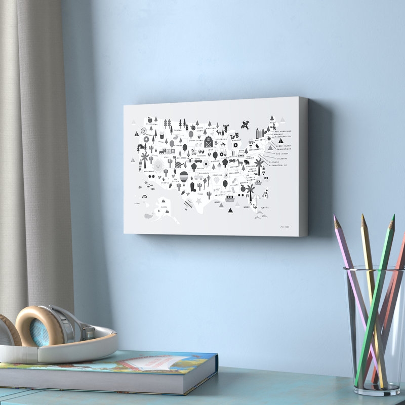 " Fun USA Map BW " by Ann Kelle, 8" H x 12" W