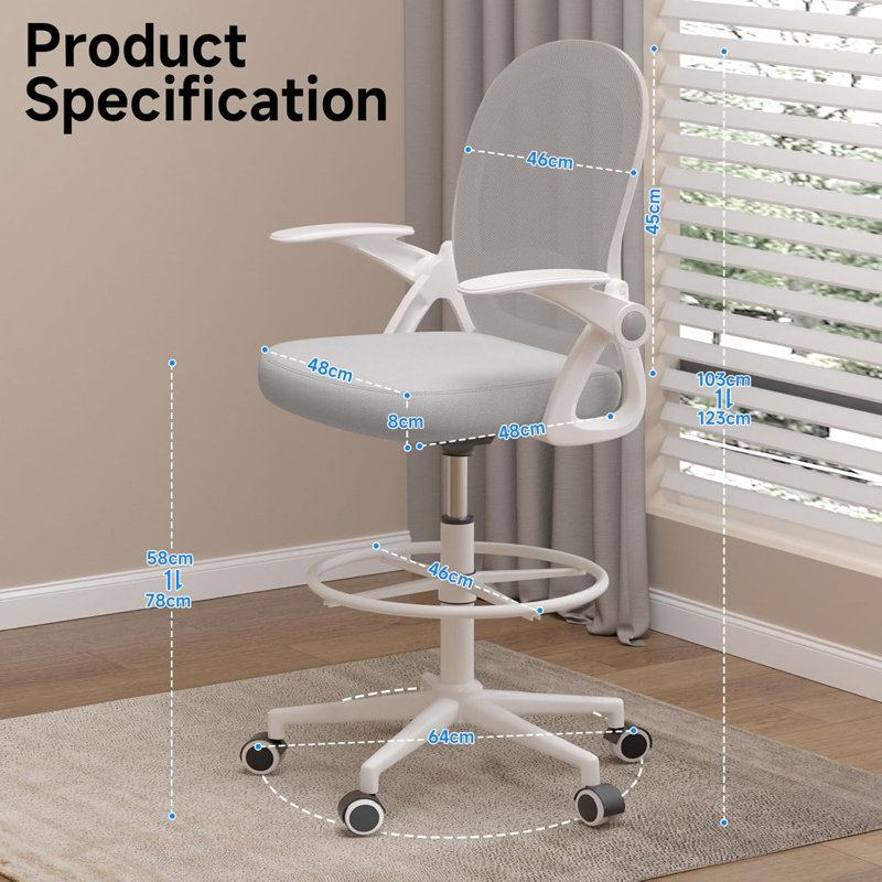 Mesh Office Chair, Drafting Desk Chair with Adjustable Footrest Ring , Grey