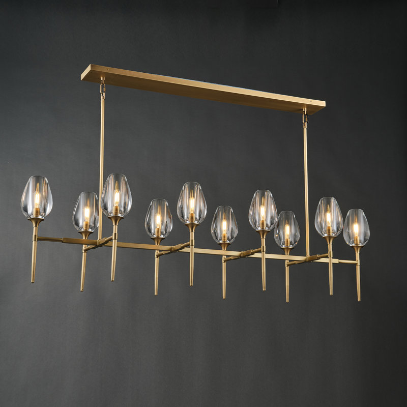 Michah 10-Light Height Adjustable Rectangle Luxury Vintage Kitchen Island Chandelier with Glass Shade(Bulbs Included), Gold