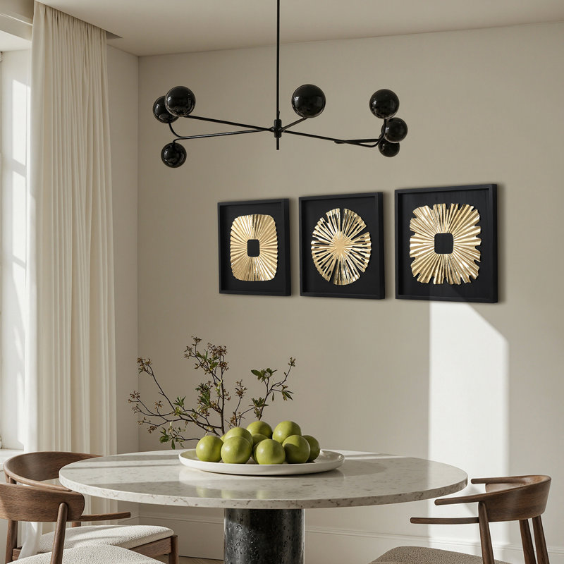 3-Piece Modern Black & Gold Abstract Metal Wall Art Set, Contemporary Home Decor