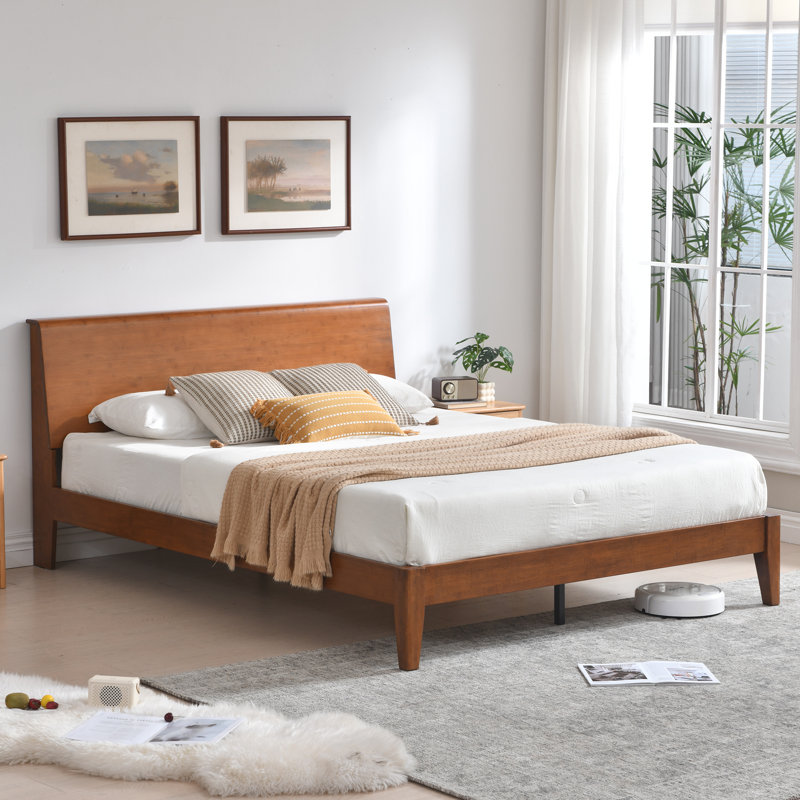 Lit plateforme très grand en bambou, base de lit moderne avec tête de lit haute, base de lit très grand durable, support à lattes de bois, assemblage facile, brun.