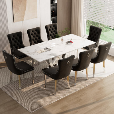 70" Faux Marble Dining Table Set for 8, with 8 Upholstered Chairs by Rosdorf Park