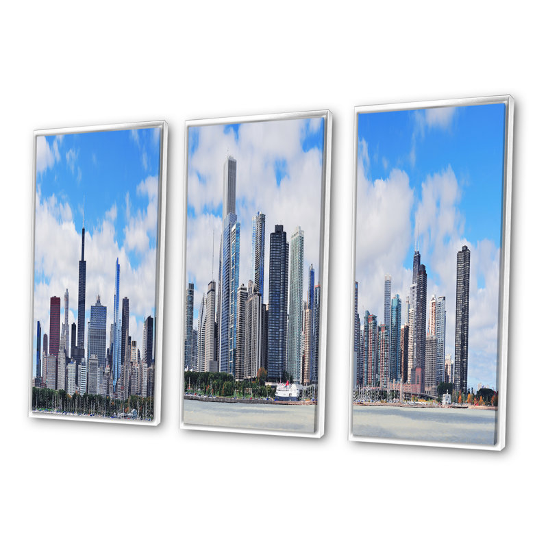 «Chicago City Urban Skyline - Cityscape», ensemble d'art mural sur toile, L 36 po x H 28 po, Blanc
