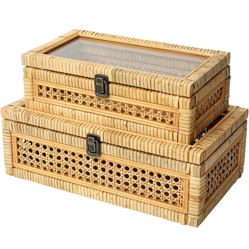 Natural Rattan and Cane Stackable Boxes with Glass Lids