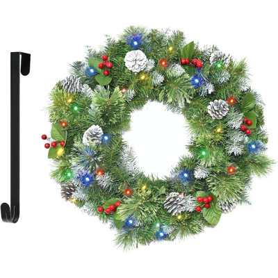 24 Inch Pre-Lit Christmas Wreath Artificial Pine Wreath with Snowy Pinecones Red Berries for Front Door Indoor Outdoor Holiday Decor