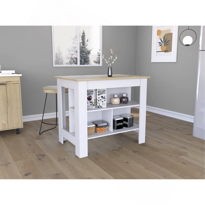 Îlot de cuisine, table de cuisine H 35 po, trois tablettes de rangement ouvertes, quatre pieds