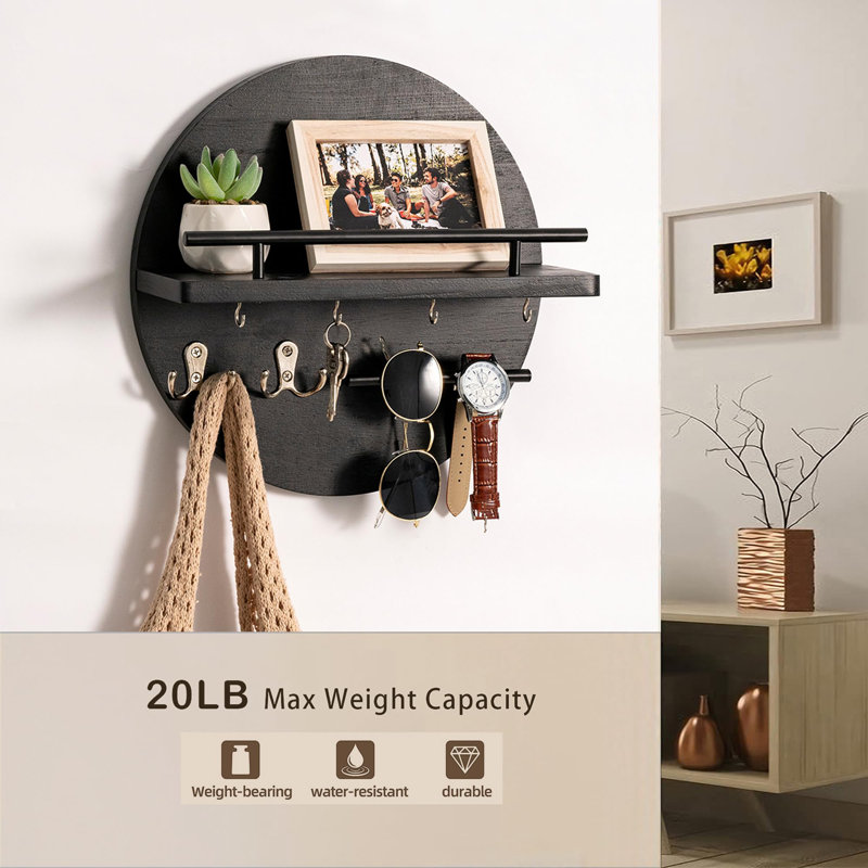 Key Holder for Wall Decorative with Shelf and Hooks, Black
