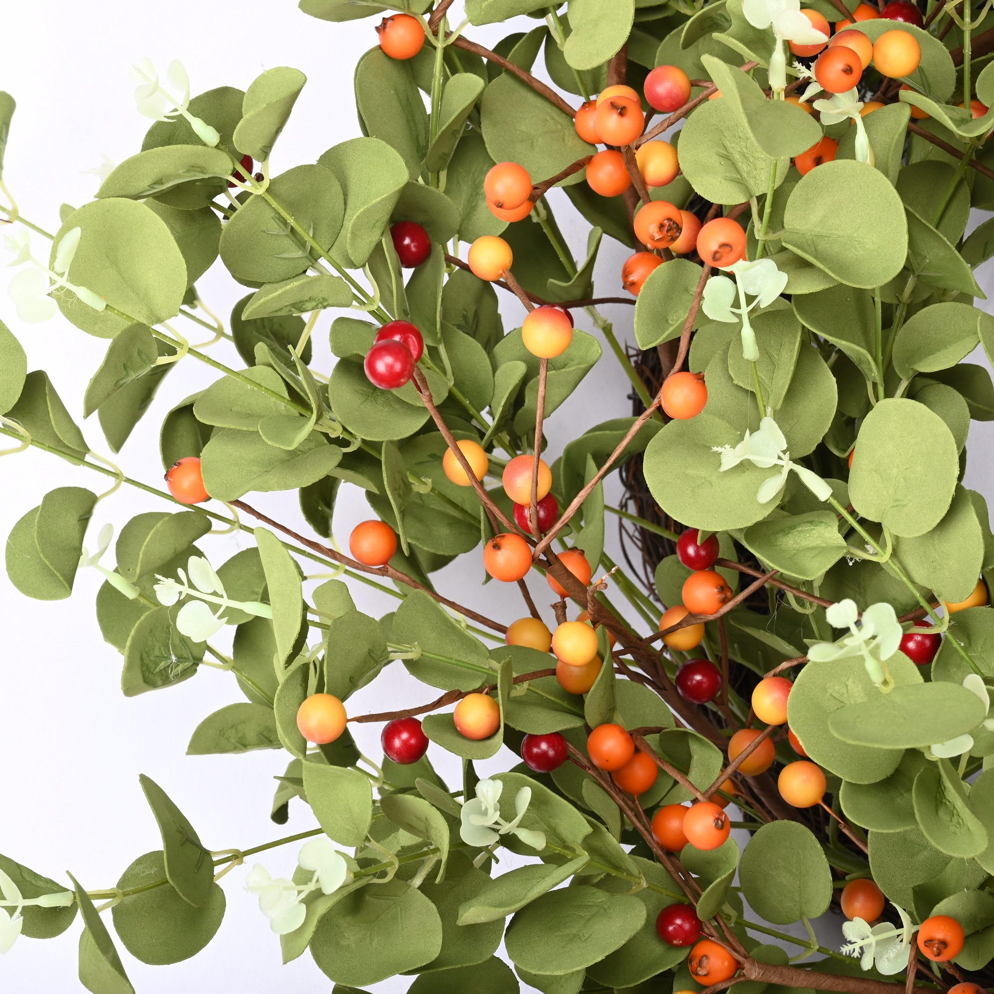 24" Handcrafted Faux Eucalyptus Berry Wreath for Front Door, Orange/Green