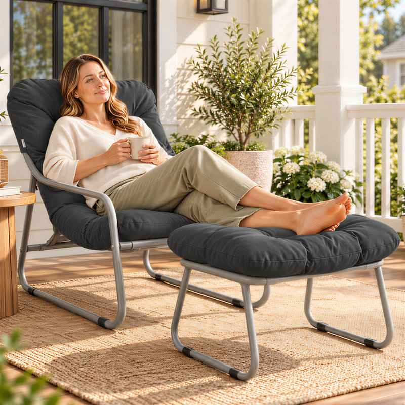 Chaise longue d'extérieur avec repose-pieds, coussin épais de 3,8 po, capacité de 380 lb, chaise de patio résistante aux intempéries pour balcon de véranda au bord de la piscine