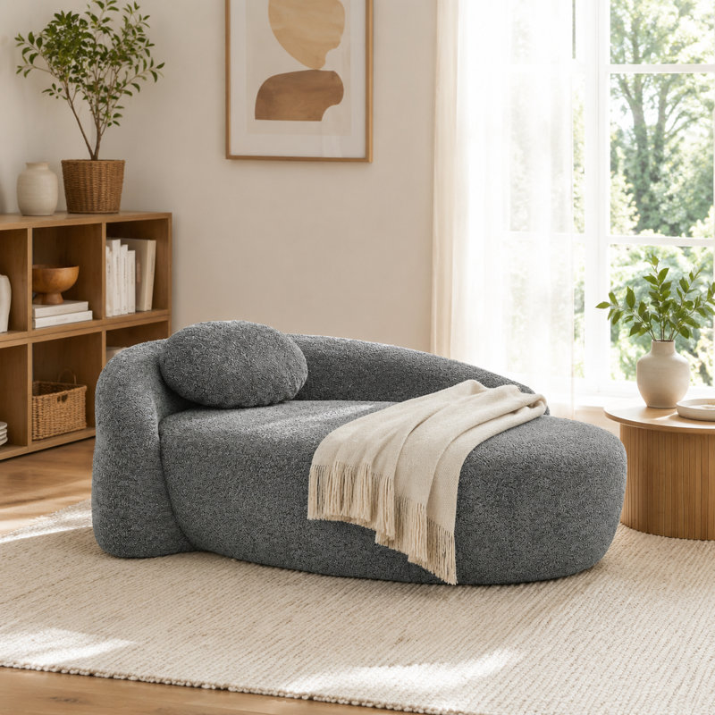 Fauteuil lounge ovale moderne en bouclette avec coussin, fauteuil une place peu encombrant, gris foncé