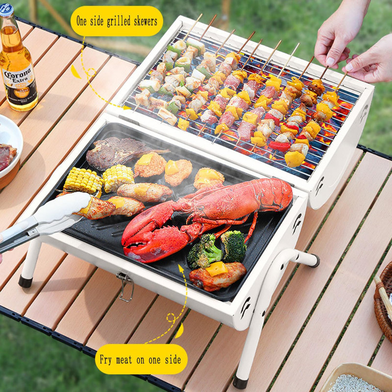 Barbecue portatif au charbon avec support chauffant, poignée en bois, barbecue de table pour barbecue extérieur, pique-nique de camping, patio, noir