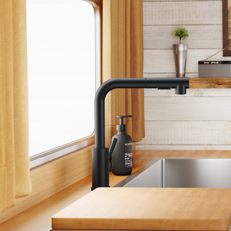 Robinet de cuisine rétractable à poignée simple avec plaque de pont, poignées et conduites d'alimentation, Noir
