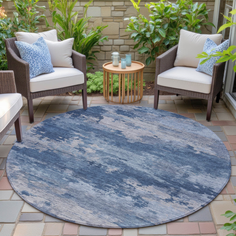 Machine Washable Indoor/Outdoor Xhevrie Navy Rug, Round 8'