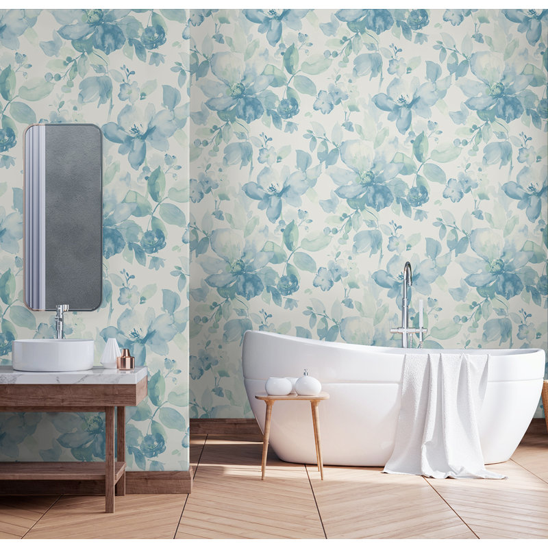Alexaundrea Seaglass Watercolor Flower 18' L x 20.5" W Peel and Stick Wallpaper Roll, Seaglass