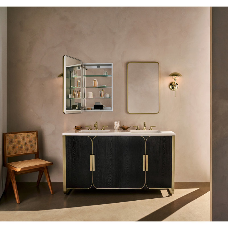 Recessed or Surface Mount Framed Medicine Cabinet with 4 Adjustable Shelves, Aged Brass, 34.25" H x 19.25" W x 4.75" D 