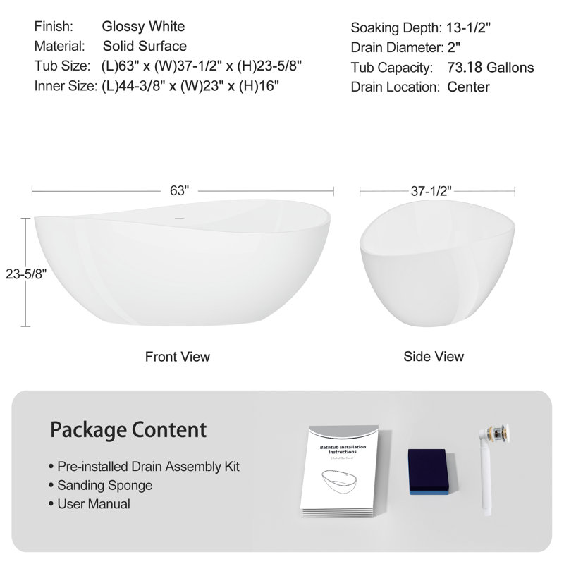 63" Freestanding Solid Surface Bathtub, Luxury Engineered Stone Resin Freestanding Soaking Bathtub With Overflow And Pop-Up Drain For Contemporary Bathroom, Glossy White