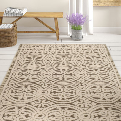 Tapis unique en laine touffeté fabriqué à la main à motif géométrique brun clair Sadik