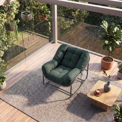 Chaise berçante de patio en osier surdimensionnée en forme d'œuf - Structure en métal robuste - Coussin amovible - Intérieur / extérieur pour le jardin, le balcon, le porche - Capacité de 330 lb - Couleur: vert