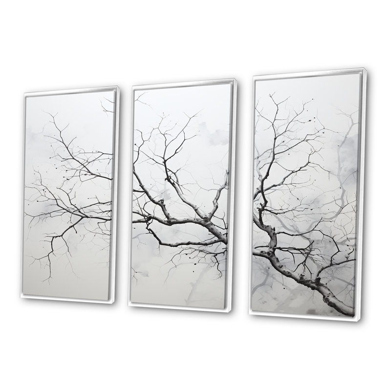 Ensemble de salon mural gris bouleau Tree III, H 28 po x l 36 po x P 1 po, Cadre flottant blanc