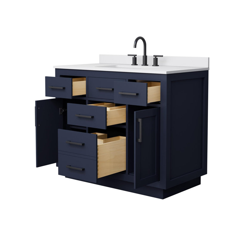Ensemble de meuble-lavabo simple Beckett, Bleu foncé avec bordure noir mat, Comptoir en marbre de culture blanc