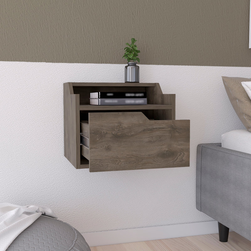 Winchester Floating Nightstand, Modern Dual-Tier Design With Spacious Single Drawer Storage, Dark Brown, Dark Brown