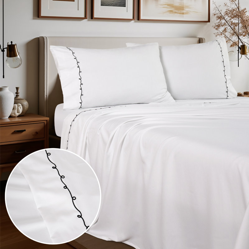Swirl Scribble Embroidery Sheet Set, Full, Black