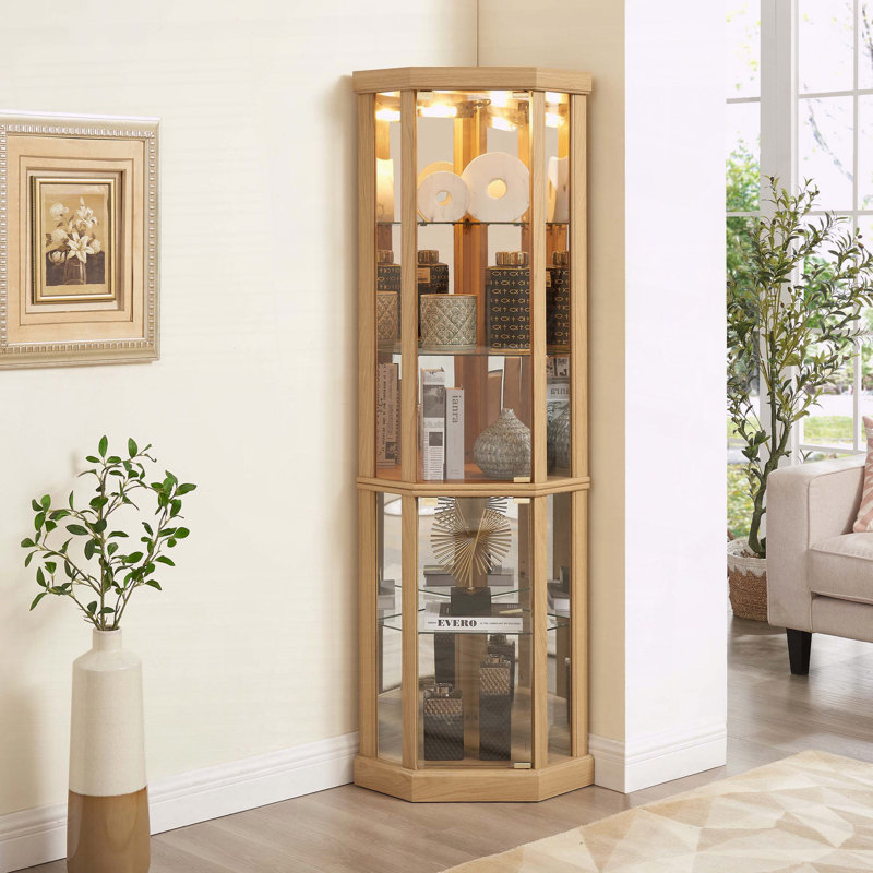 Vitrine de coin lumineuse avec portes et tablettes en verre trempé, Chêne