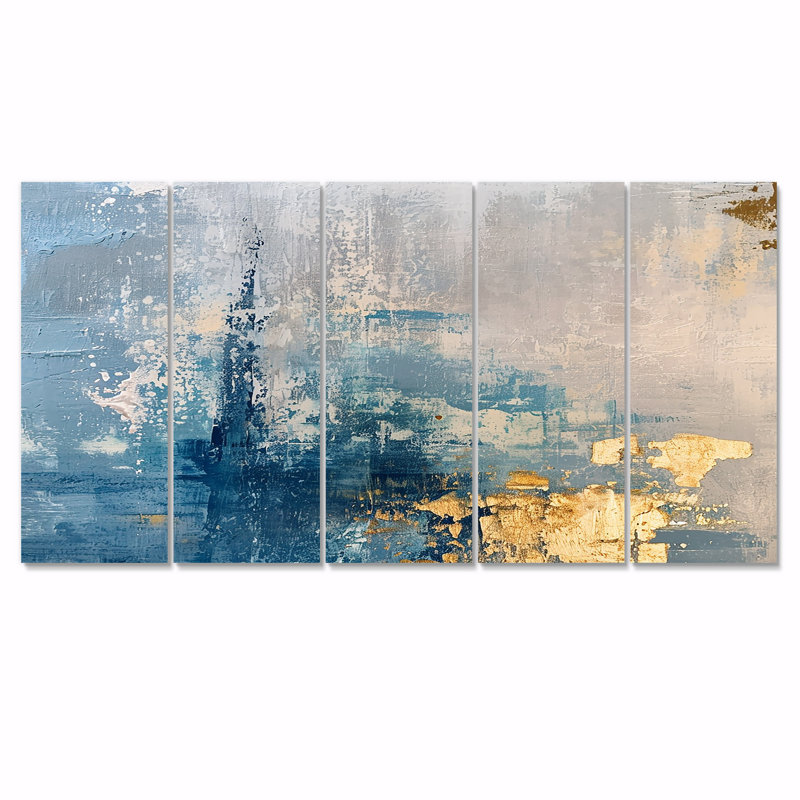 Tender Gold On Grunge Blue - Abstract Wall Art Decor Set 5 Piece, H 32 po x l 80 po