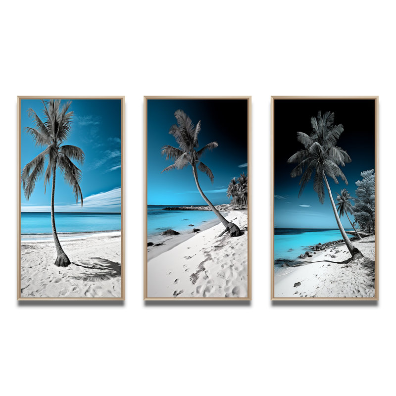 Turquoise et gris, photo de plage Monochome - ensemble d'art nautique et de plage de 3 pièces, Encadré naturel