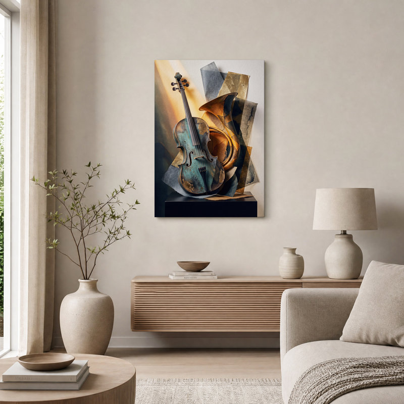 Toile abstraite sarcelle violon et cor français, H 24 po x l 16 po
